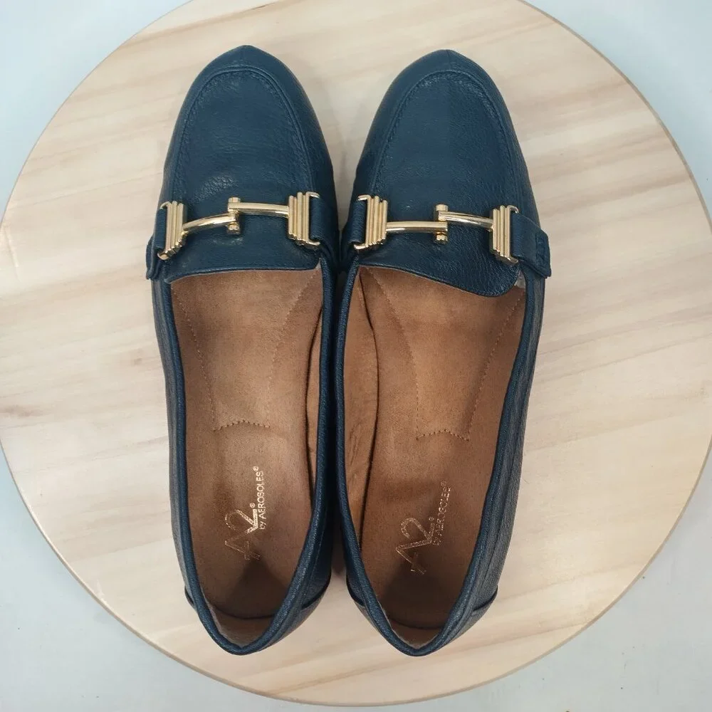 A2 by Aerosoles Navy Blue Gold Horse Bit Driving Loafers Women US 9.5M